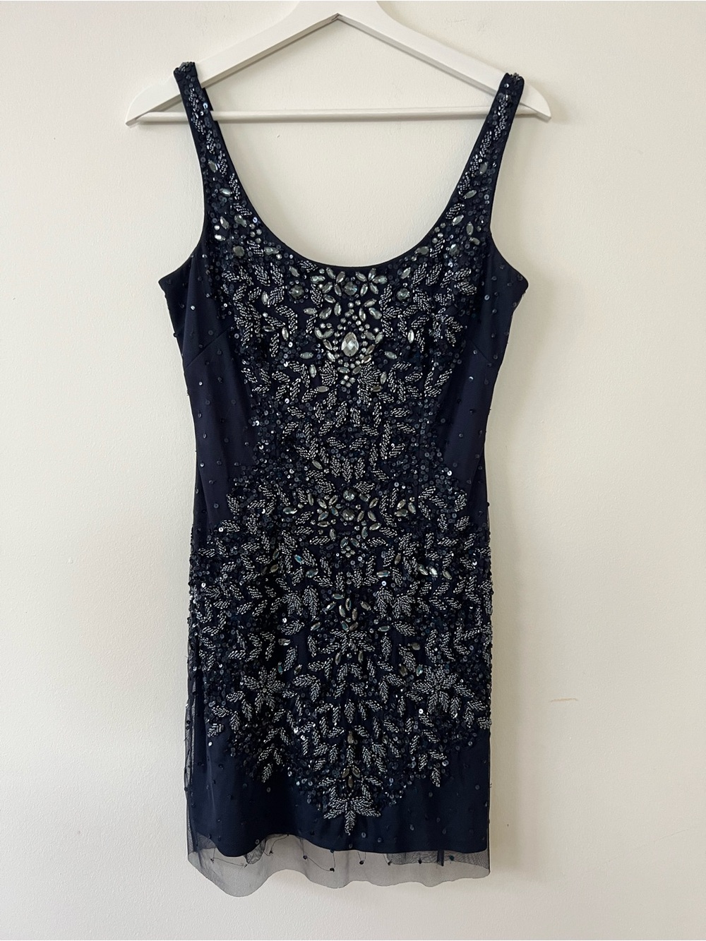 Adrianna Papell Navy Blue Sequin and Bead Cocktail Dress, Size 6, pre-owned
